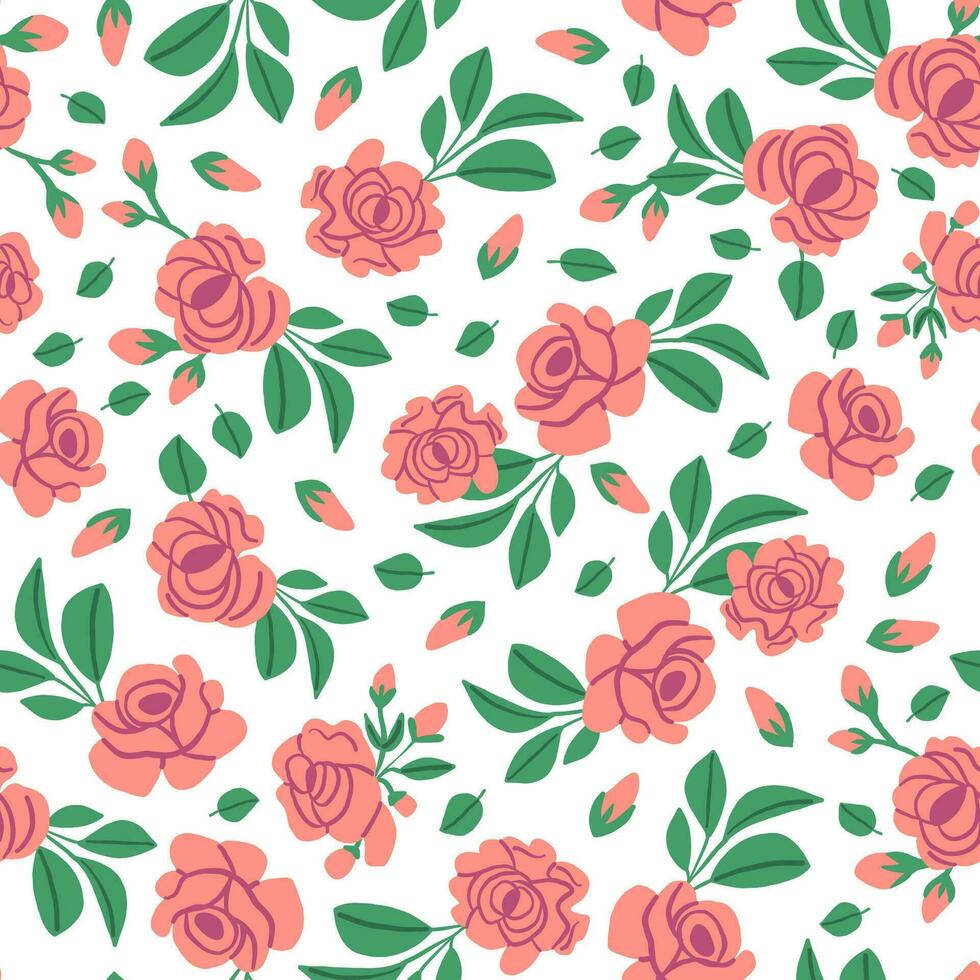 wijnoogst patroon met roze rozen en bladeren Aan wit achtergrond. retro bloemen patroon vector