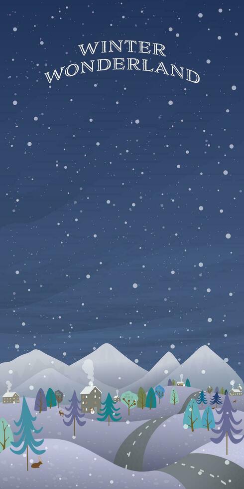winter wonderland Bij nacht en hebben sneeuwval verticaal vector illustratie. vrolijk Kerstmis en gelukkig nieuw jaar groet kaart sjabloon hebben blanco ruimte.