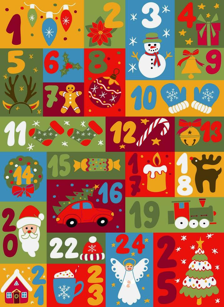 stoutmoedig vlak minimalistisch Kerstmis komst kalender. hand- getrokken winter vakantie grafisch poster met traditioneel decoratie. perfect voor sociaal media, grafisch poster, kaart, afdrukken, patroon, overhemd afdrukken vector