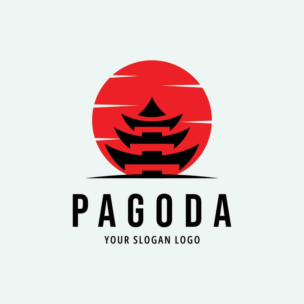 pagode tempel met zonnestraal logo vector symbool illustratie ontwerp, minimalistische pagode tempel