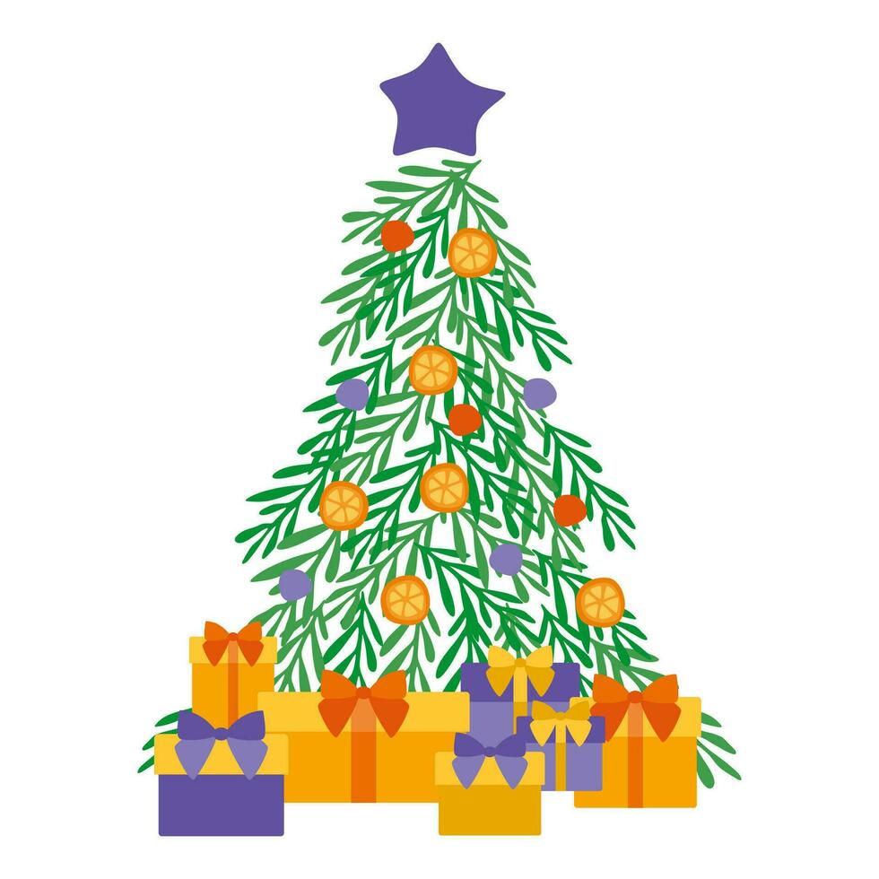 versierd Kerstmis boom met geschenk dozen, ster, sinaasappelen, decoratie ballen en lampen. vrolijk Kerstmis en een gelukkig nieuw jaar. vlak stijl tekenfilm vector illustratie. seizoensgebonden vakantie ansichtkaart sjabloon
