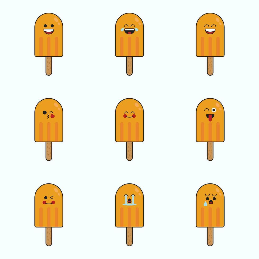 chocola ijs room icoon reeks vector emoticon. chocola ijs room schattig emoji met gezicht.