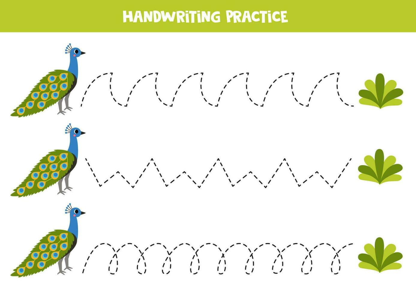 traceren lijnen voor kinderen. schattig Pauw en struik. handschrift oefening. vector
