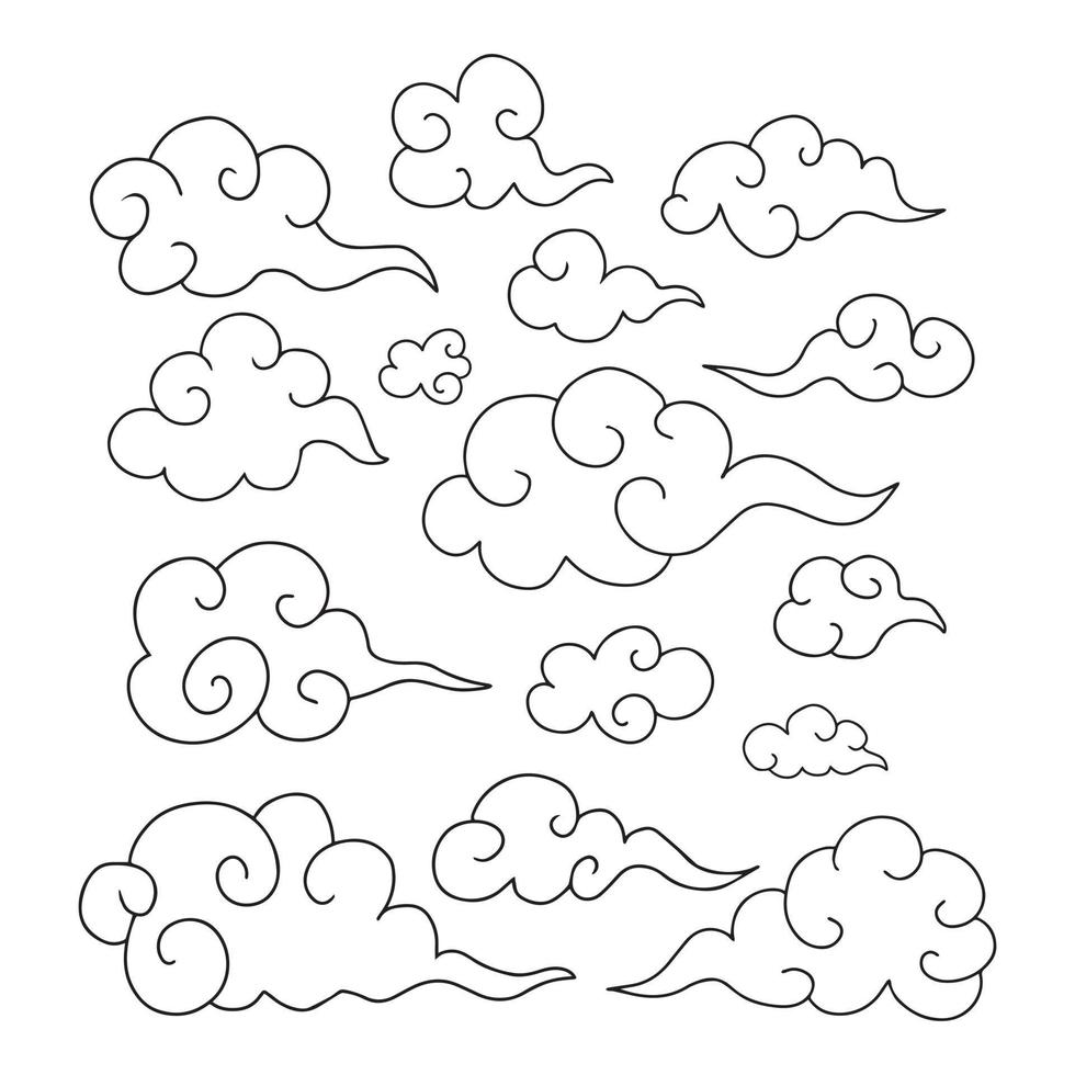 set van traditionele oosterse wervelde wolken in zwarte omtrek geïsoleerd vector