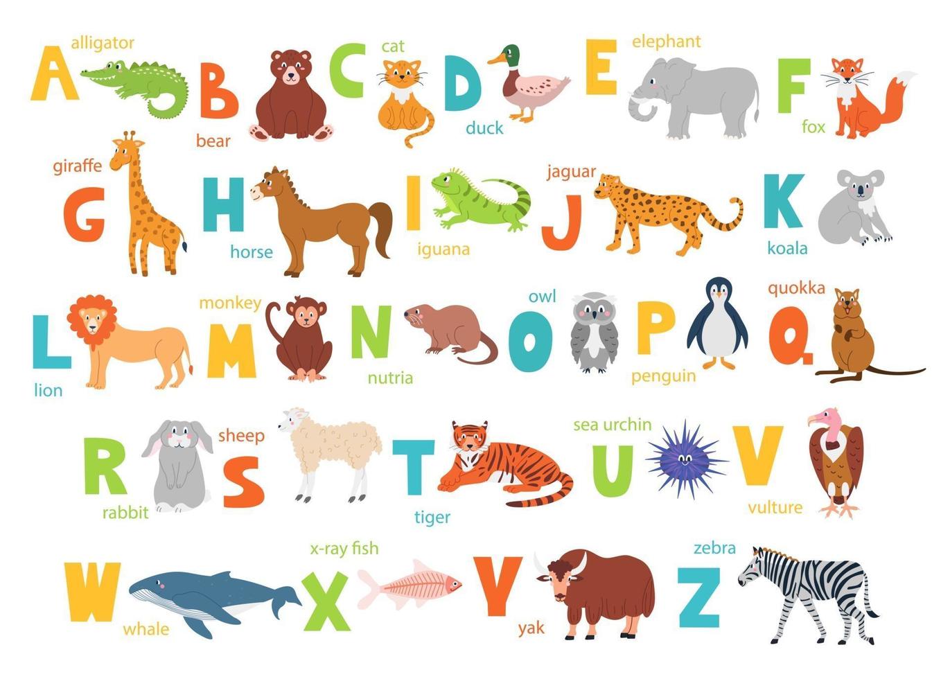 kinderalfabet met schattige dieren voor onderwijs en handmatig lettertype vector