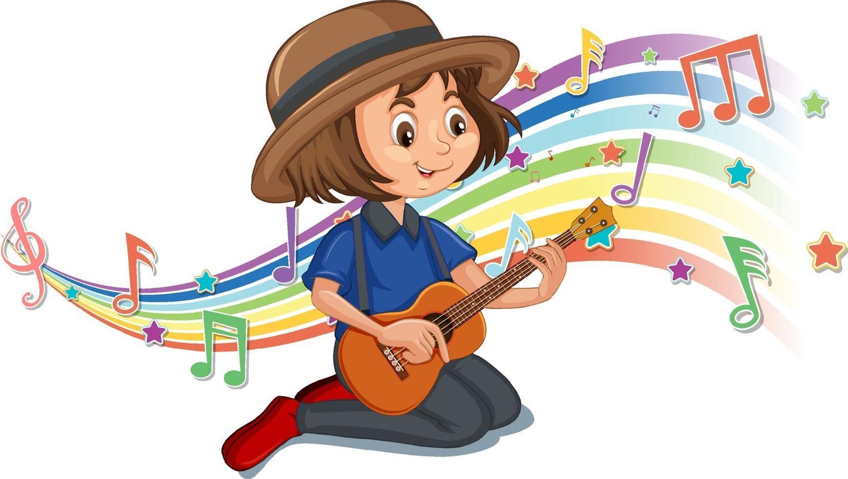 meisje dat gitaar speelt met melodiesymbolen op regenbooggolf vector