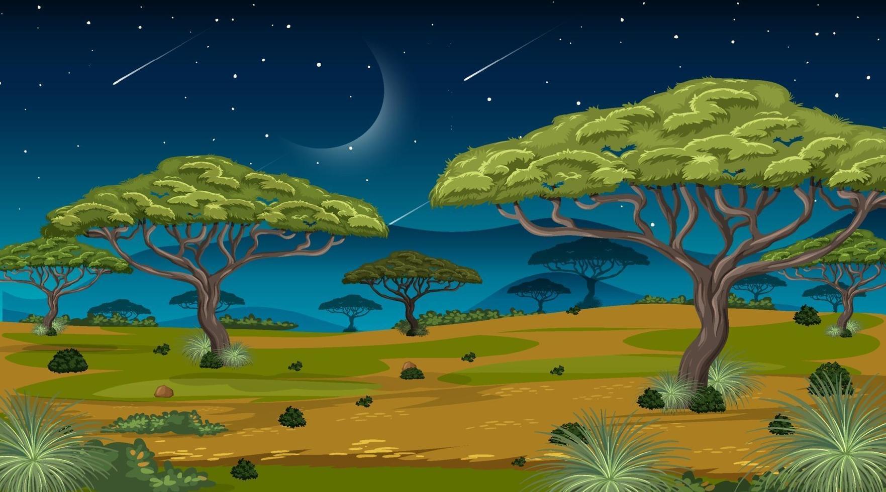 Afrikaanse savanne boslandschapsscène 's nachts vector