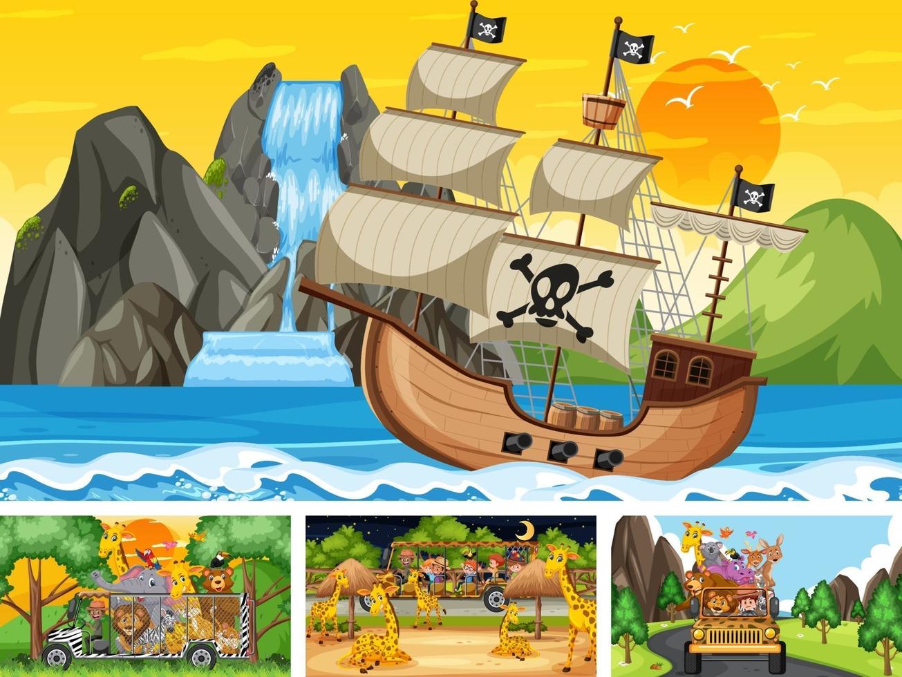 verschillende scènes met piratenschip op zee en dieren in de dierentuin vector