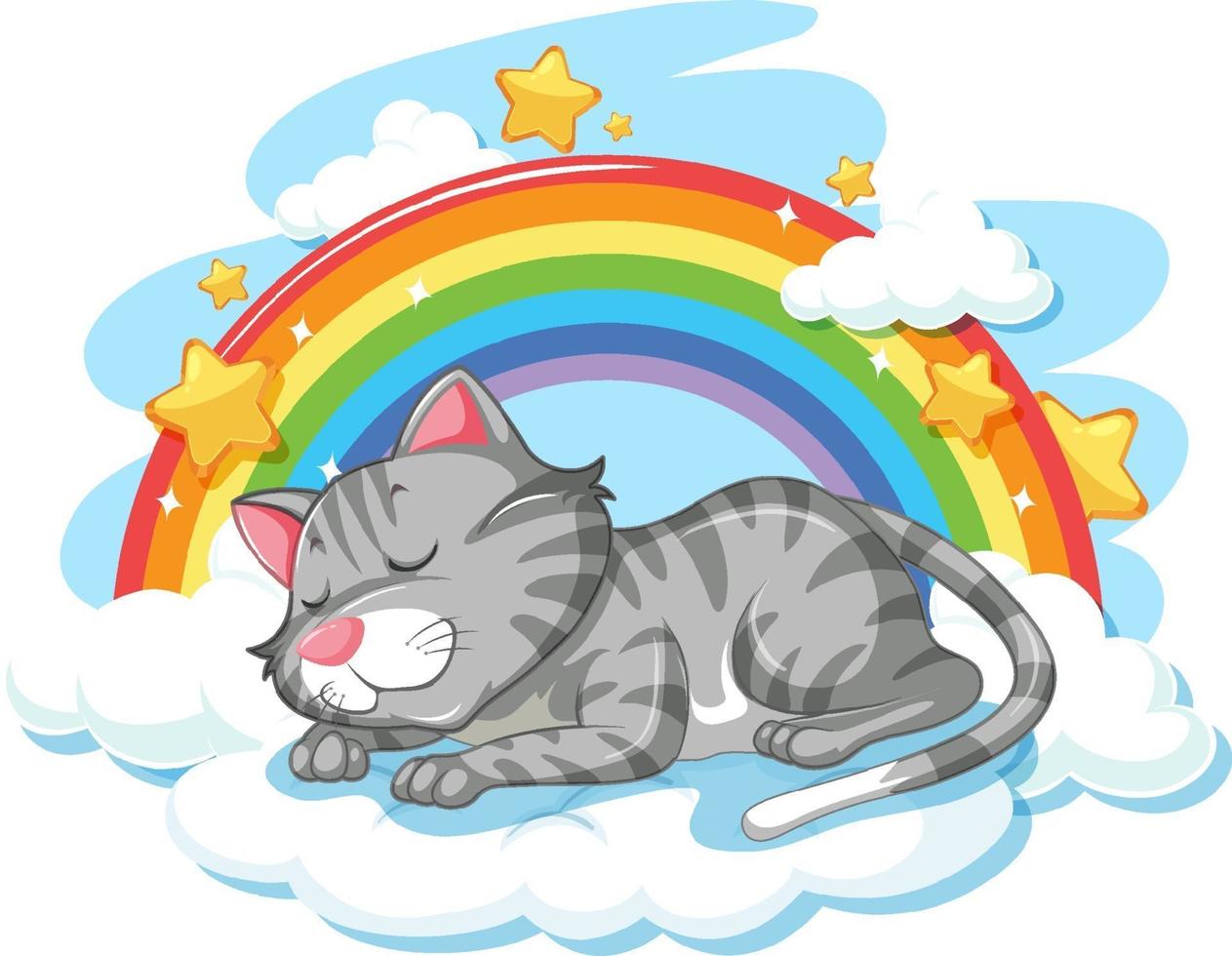 schattige kat slapen op de wolk met regenboog vector