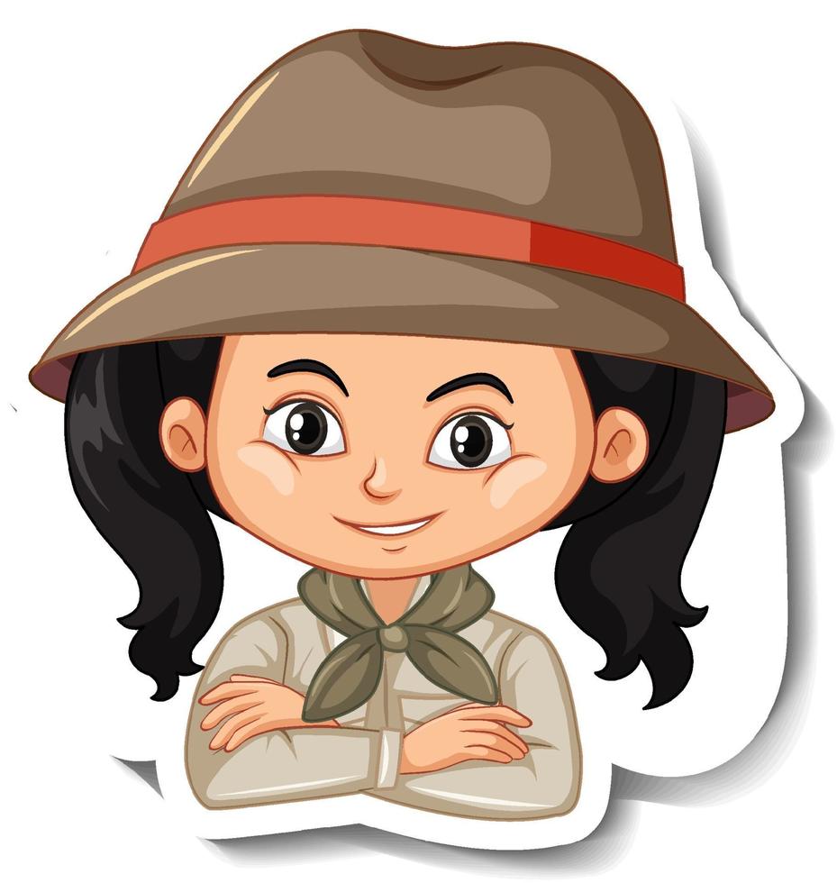 portret van meisje in safari-outfit stripfiguur sticker vector