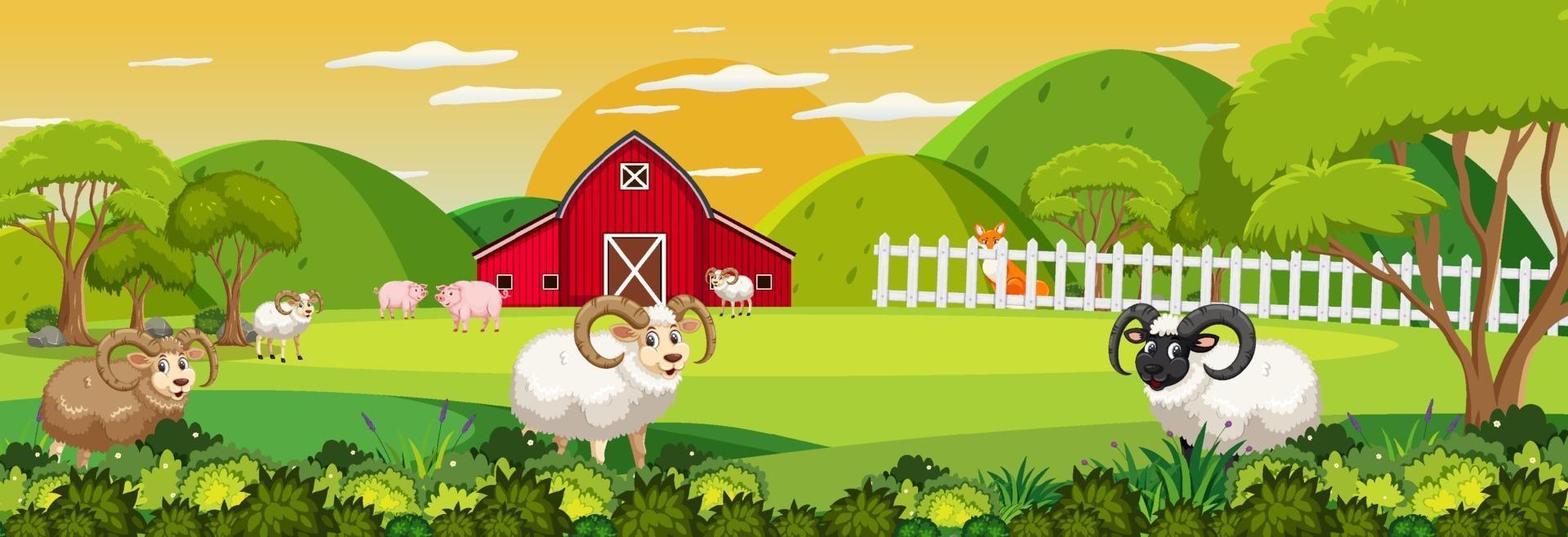 boerderij horizontale landschapsscène met veel schapen vector