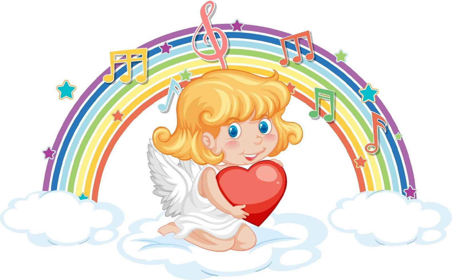 cupido-meisje met hart met melodiesymbolen op regenboog vector