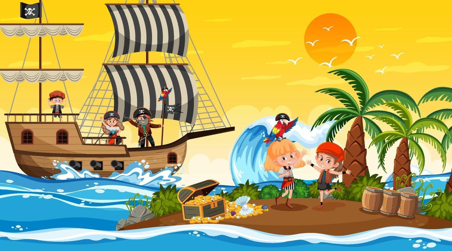 Treasure Island-scène in zonsondergangtijd met piratenkinderen vector
