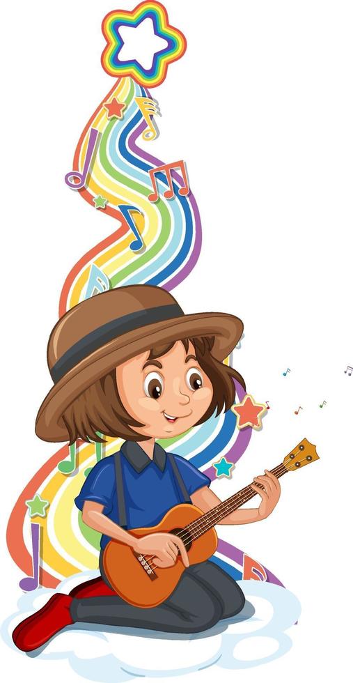 meisje dat gitaar speelt met melodiesymbolen op regenbooggolf vector