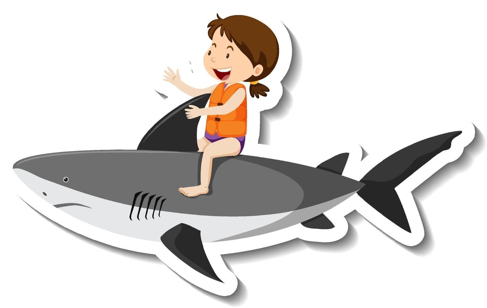 een meisje rijdt opblaasbare haai cartoon sticker vector