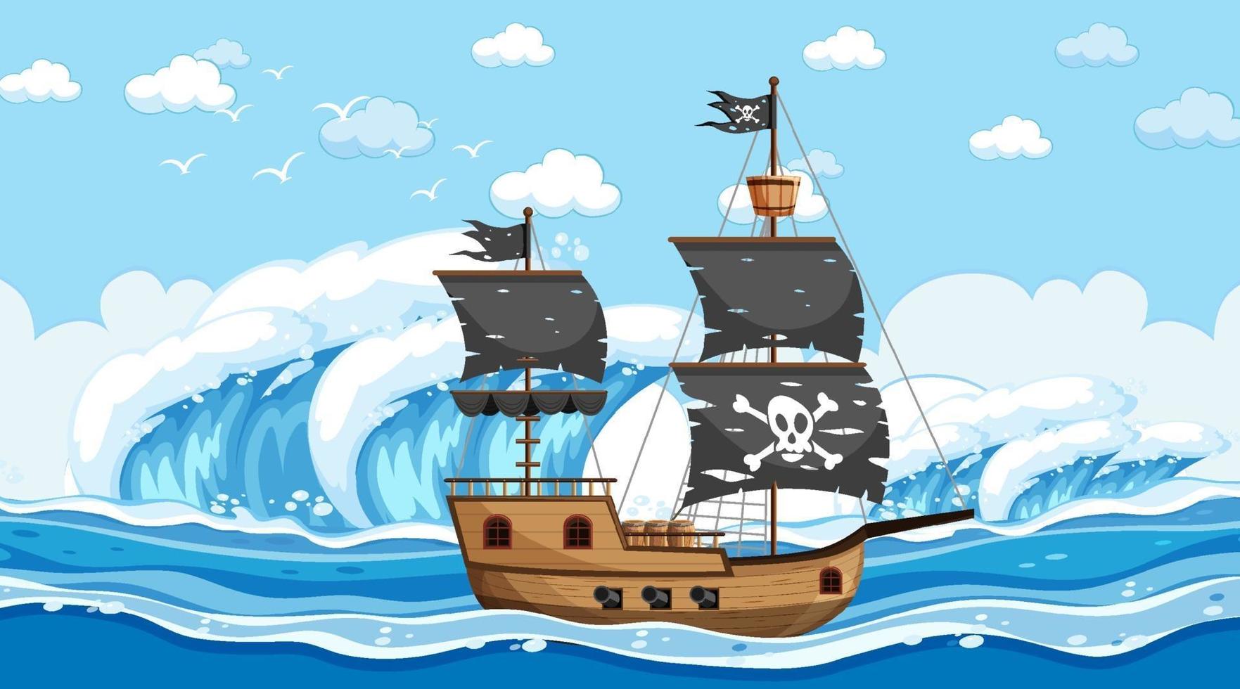 oceaan met piratenschip op dagtijdscène in cartoonstijl vector