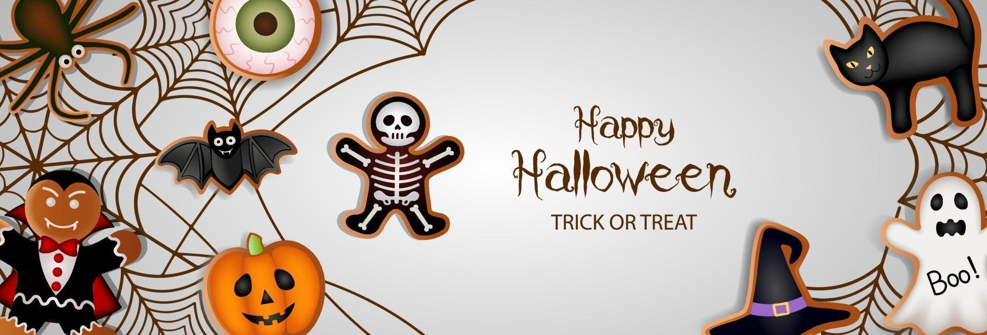 happy halloween-banner met peperkoekkoekjes en spinnenwebben vector