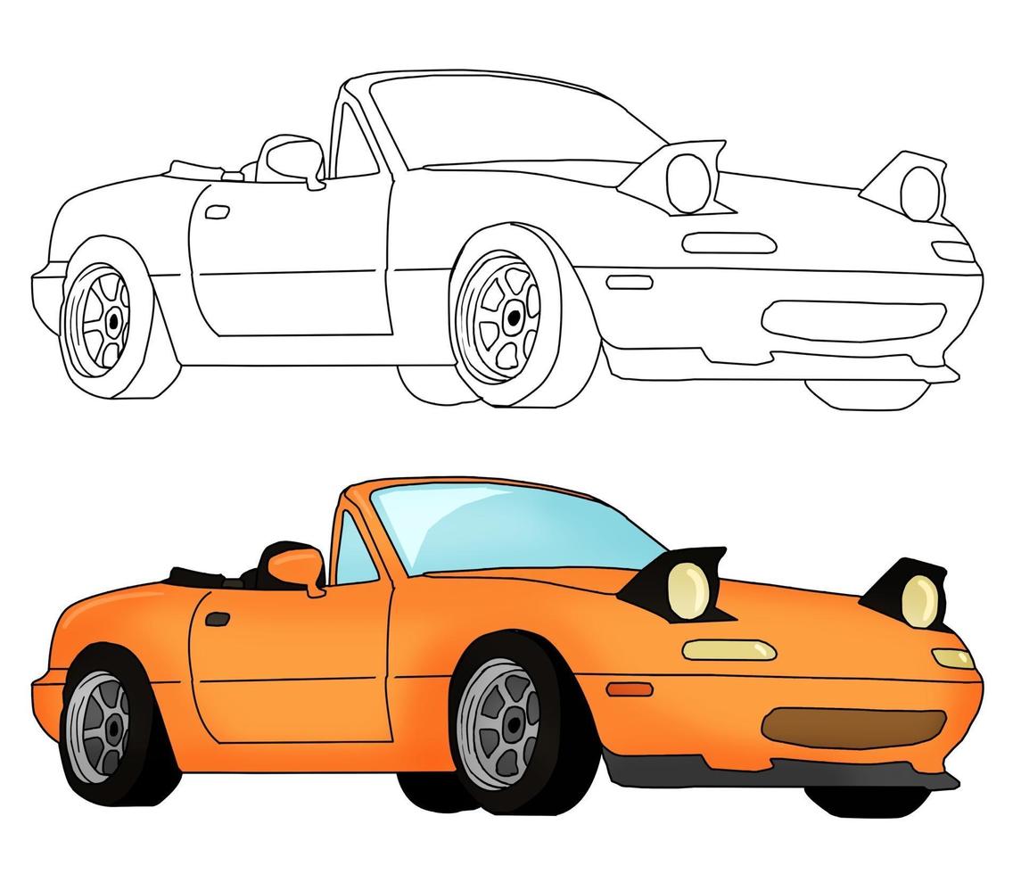 hand getekende gele auto met schets vectorillustratie. vector