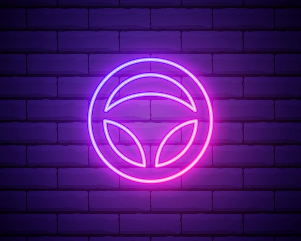 gloeiend neon stuurwiel pictogram geïsoleerd op bakstenen muur achtergrond. vector