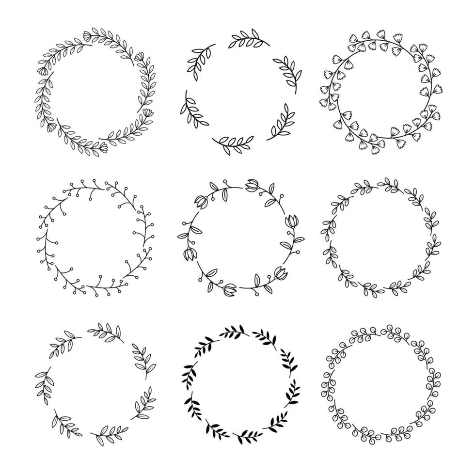 bloemenkrans met bladeren hand getekende ronde frames. bruiloft krans vector