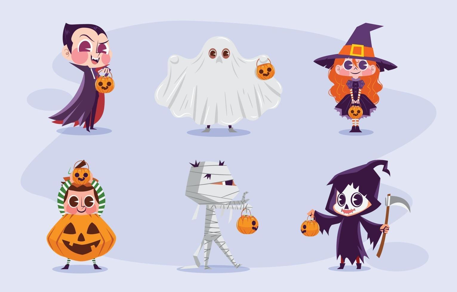 Halloween trick or treat met kostuums van stripfiguren vector