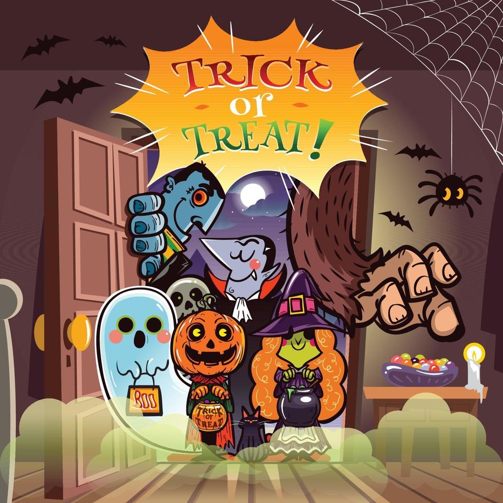 halloween trick or treat met monsters concept vector