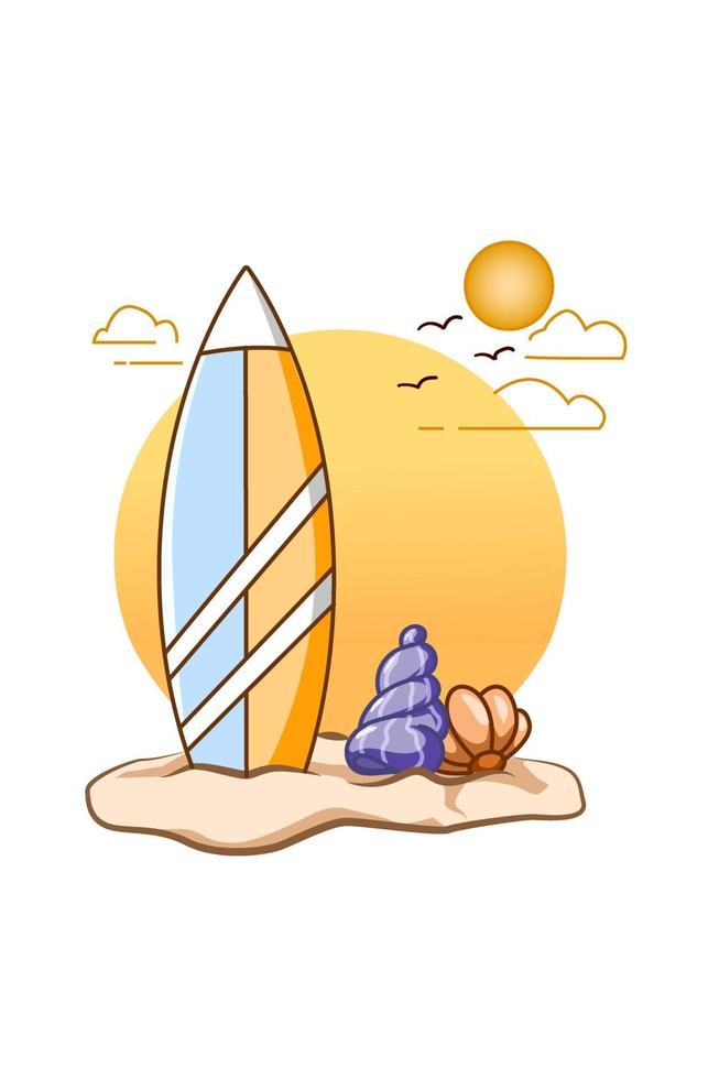 surfplank op het strand in de zomer cartoon afbeelding vector