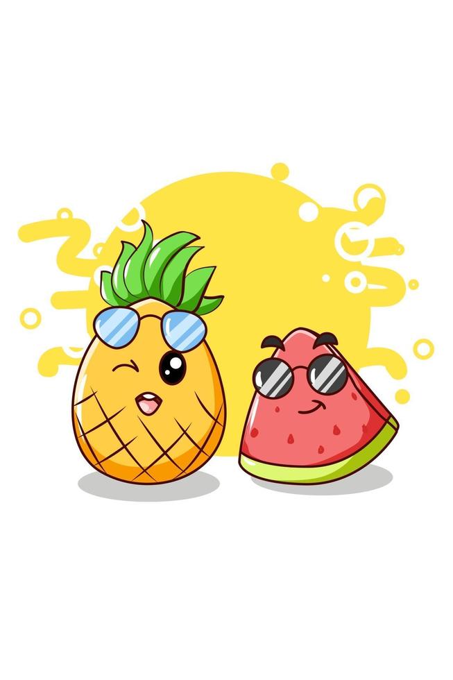 vrolijke en schattige watermeloen en ananas in de zomercartoon vector