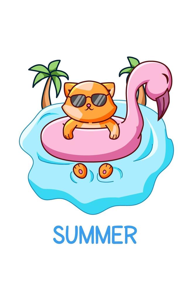 schattige en coole kat zwemmen in de zomer cartoon afbeelding vector