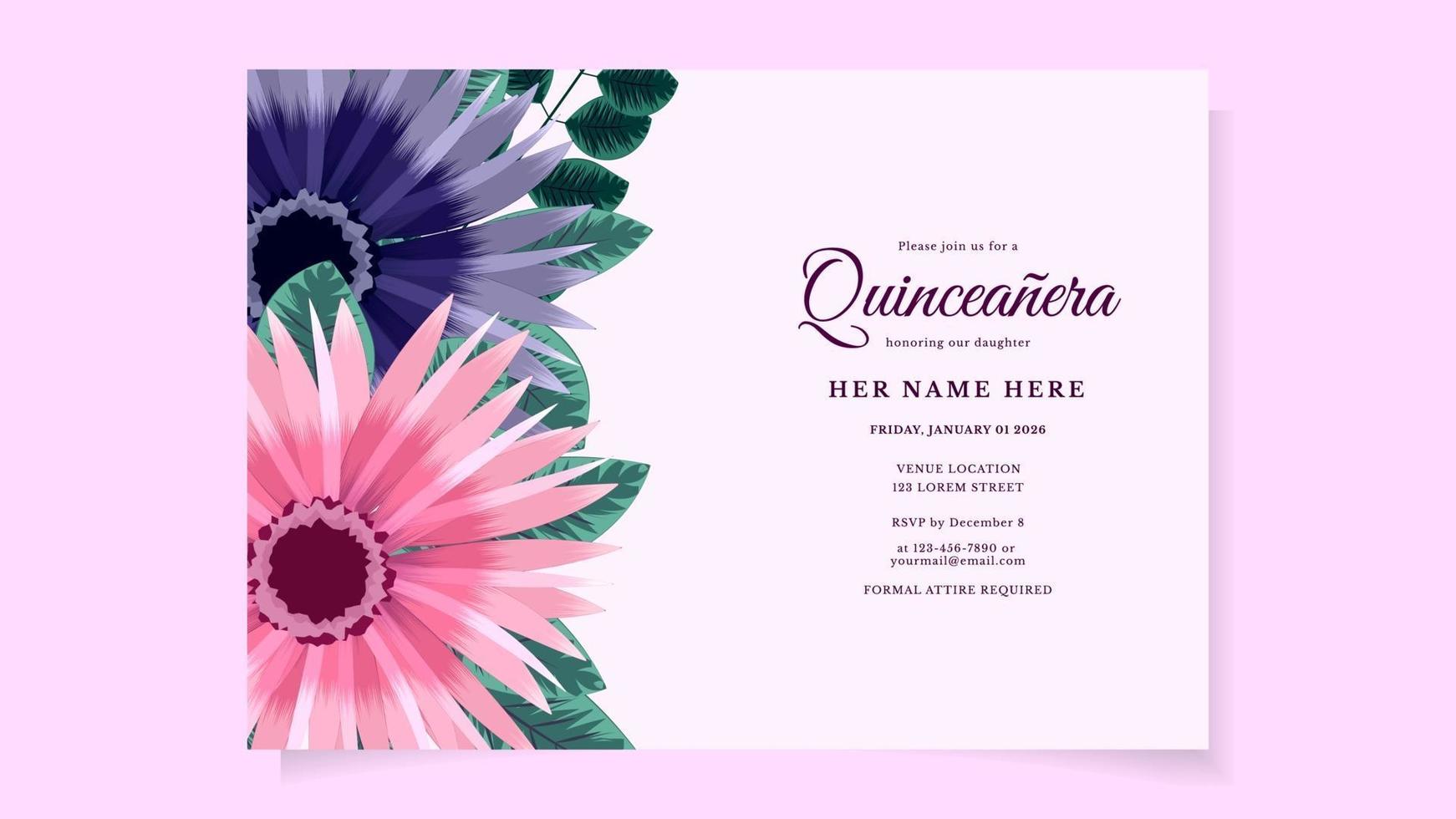 quinceanera bloemen uitnodigingssjabloon voor verjaardagsfeestje van 15 jaar oud vector