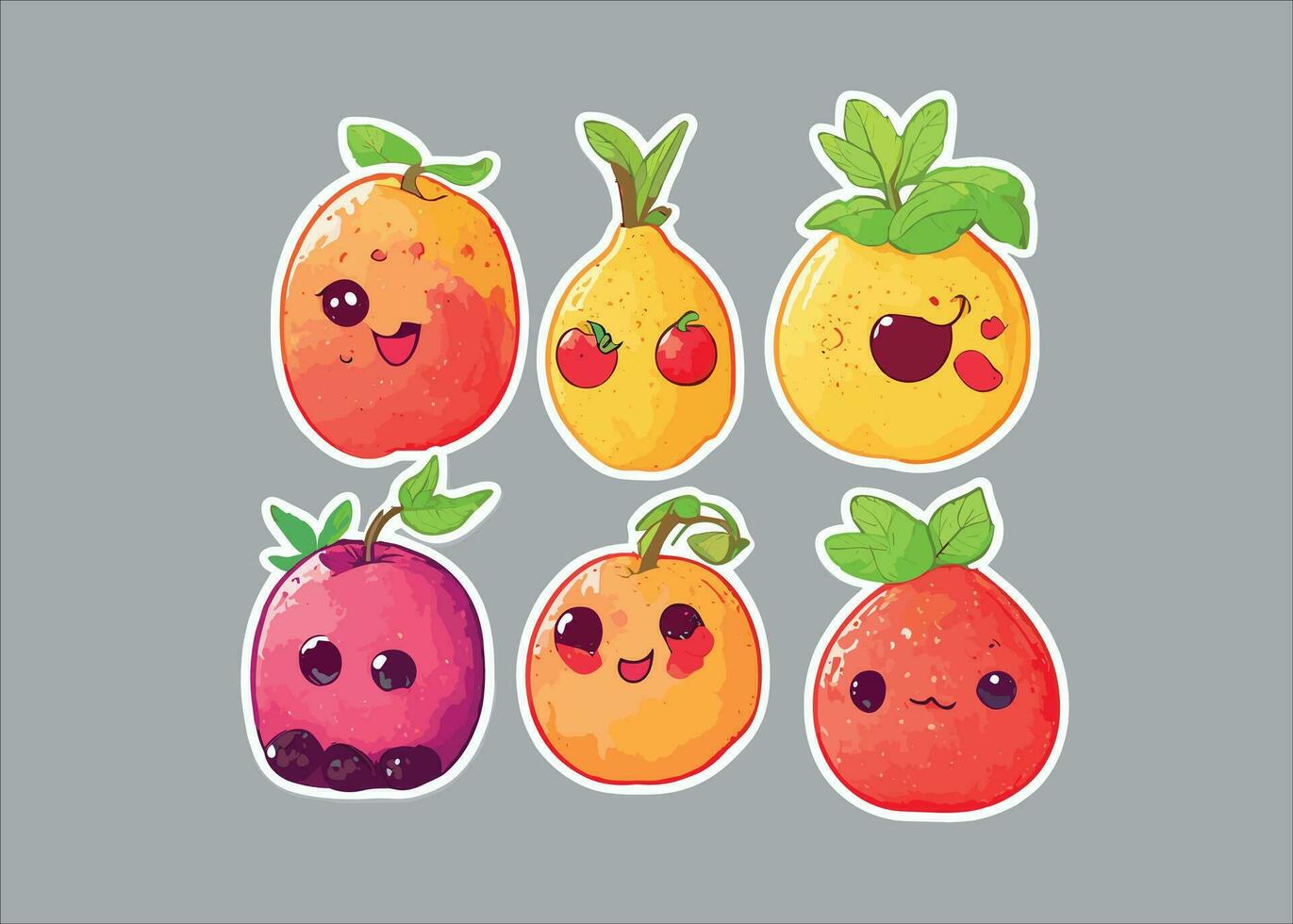 schattig tekenfilm stickers van fruit met ogen , handen en poten vector