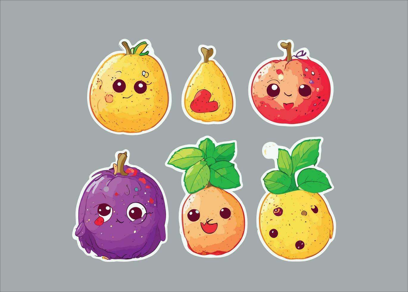 schattig tekenfilm stickers van fruit met ogen , handen en poten vector