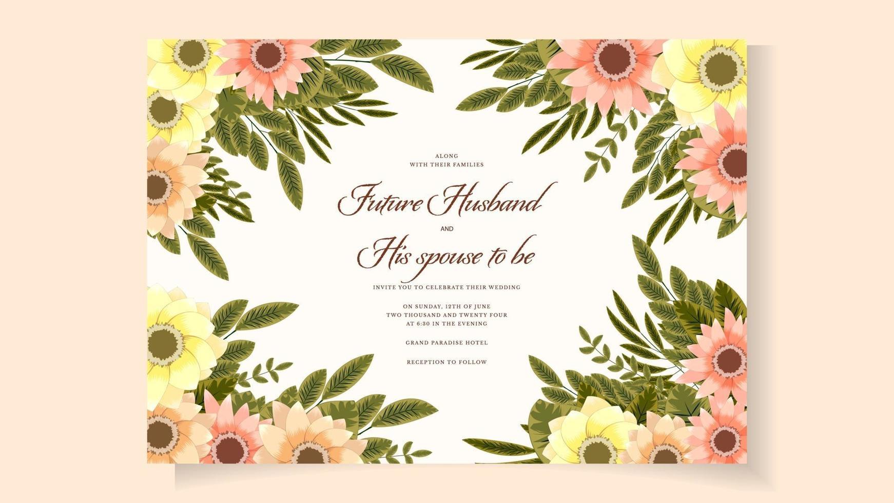 elegante bloemen bruiloft uitnodigingskaart set bloem frame en rand vector
