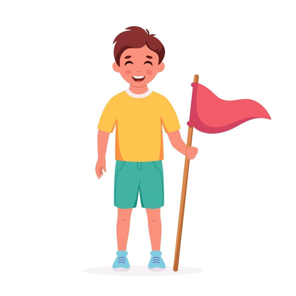 jongen met kampvlag. Boy Scout. kamperen, zomer kinderkamp concept. vector