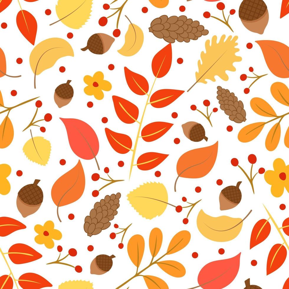naadloos patroon met herfstbladeren dennenappels en eikels vector