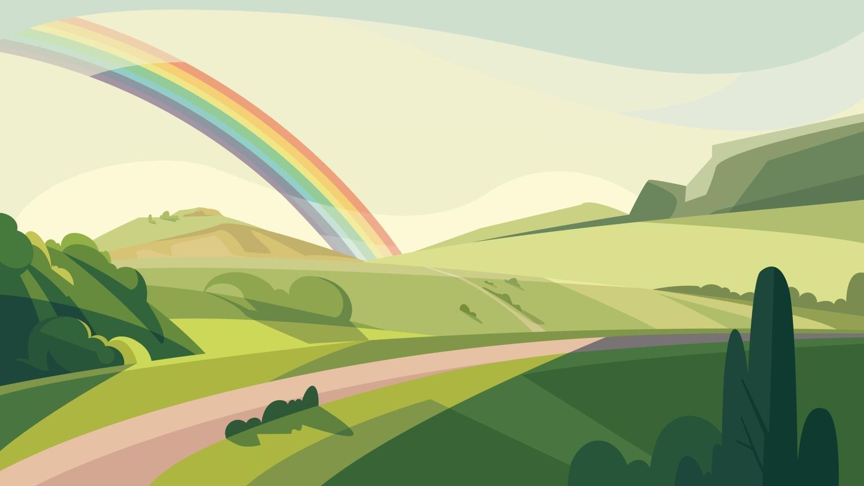 landschap met heuvels en regenboog. vector
