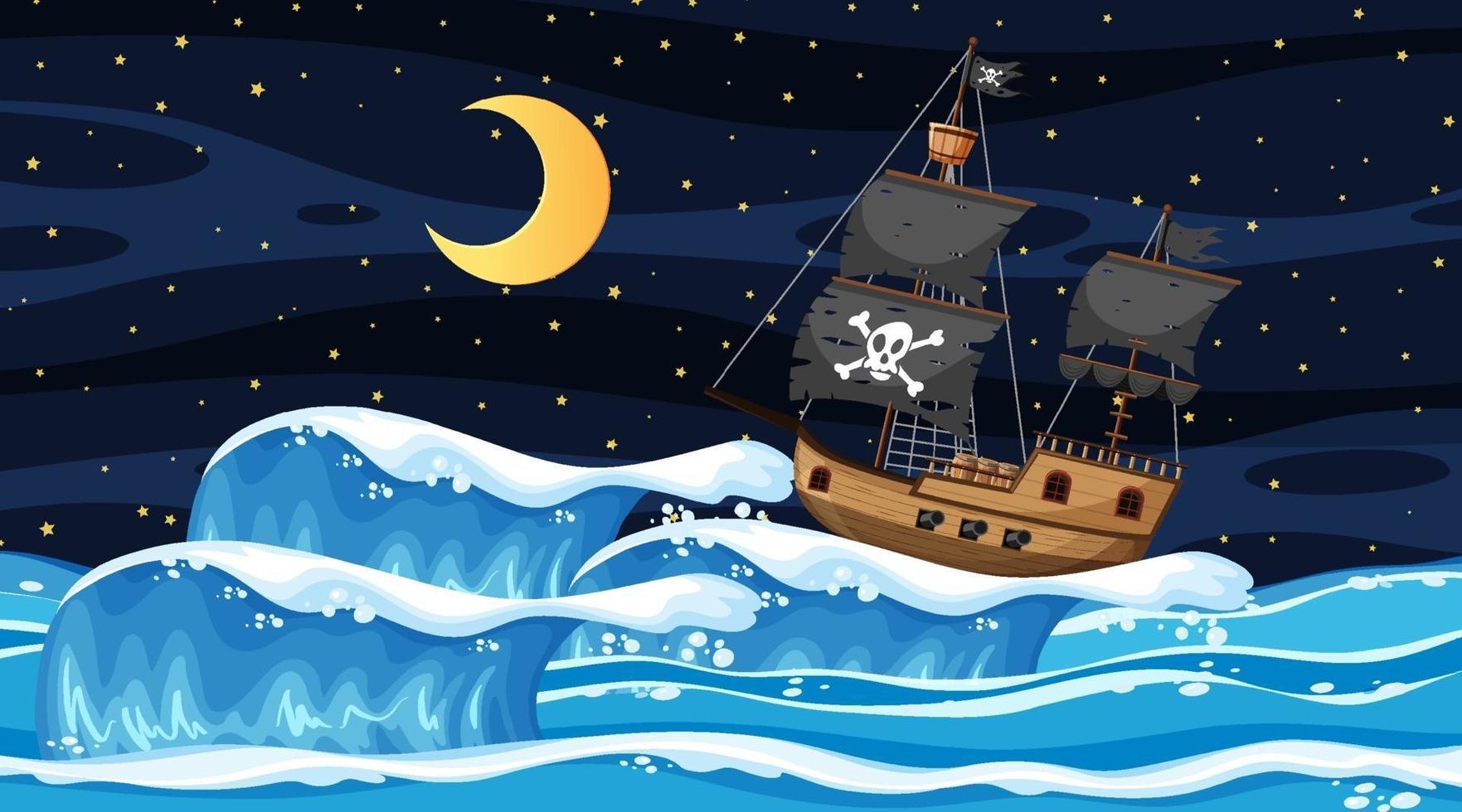 oceaan met piratenschip bij nachtscène in cartoonstijl vector