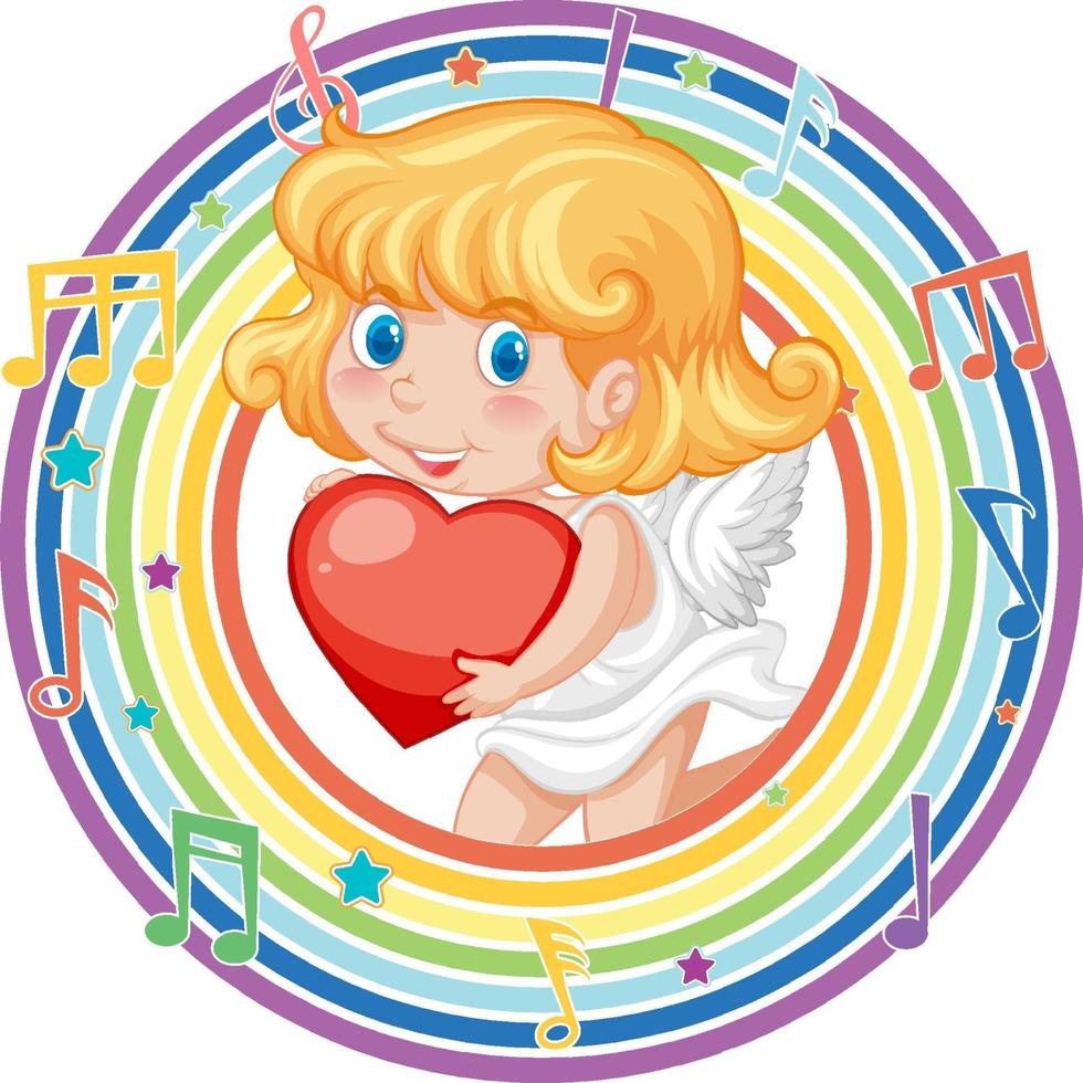 cupido-meisje in regenboog rond frame met melodiesymbool vector