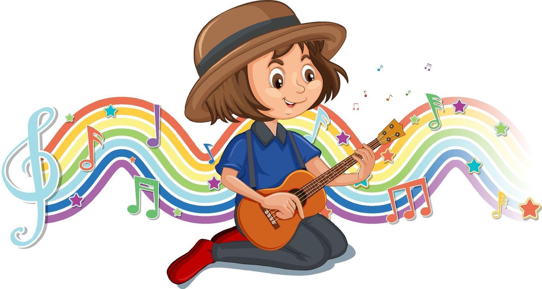 meisje dat gitaar speelt met melodiesymbolen op regenbooggolf vector