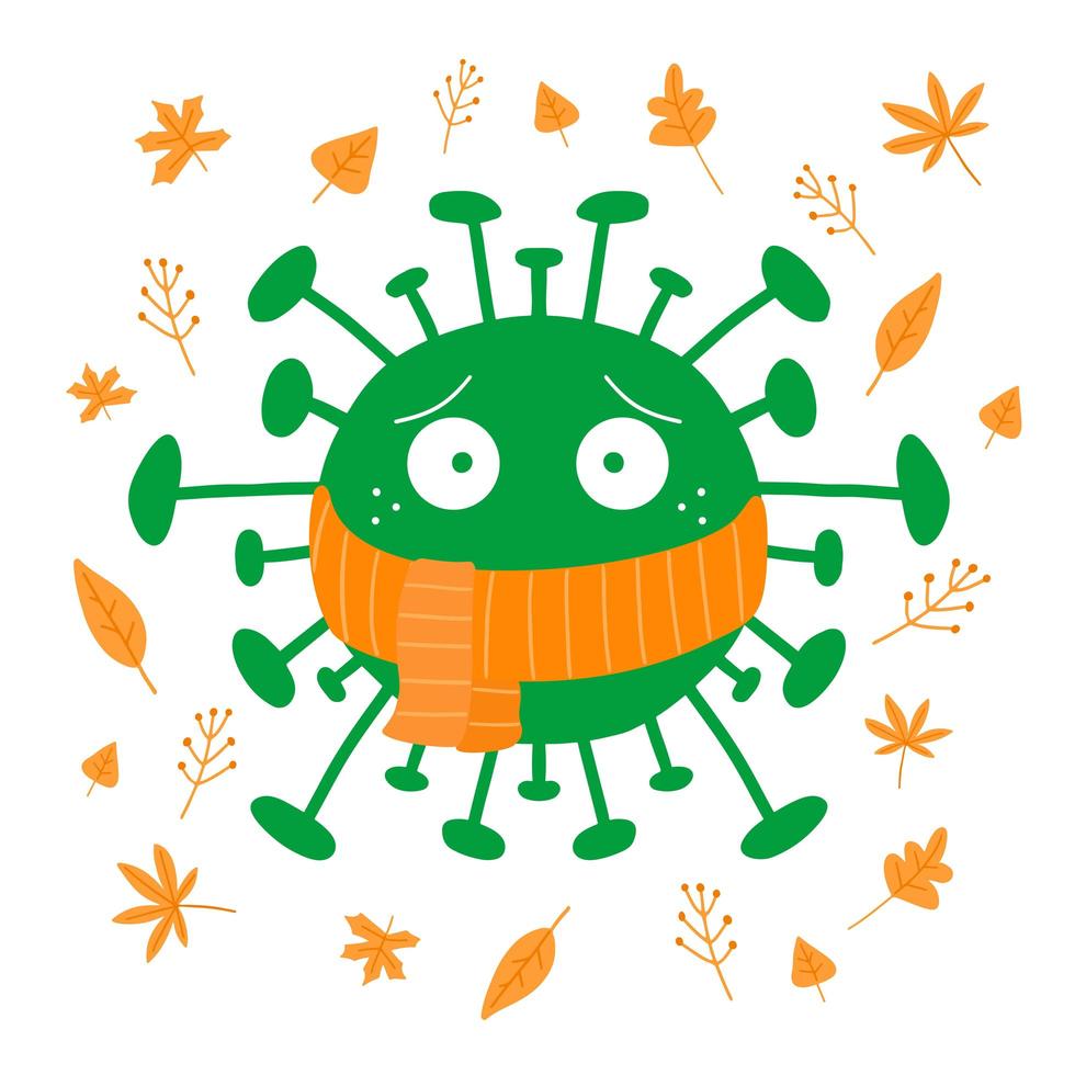 cartoon coronavirus in oranje sjaal met herfstbladeren vector