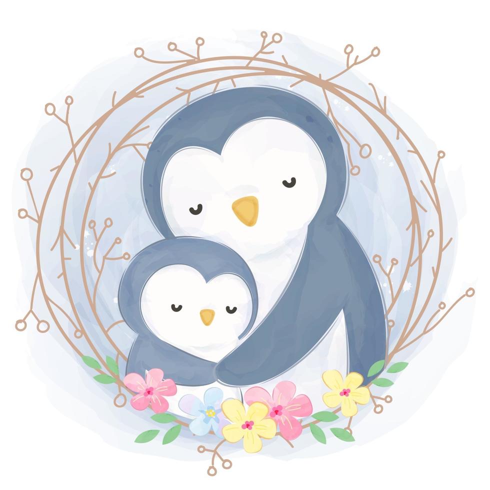 schattige moeder en babypinguïn in aquarelillustratie vector