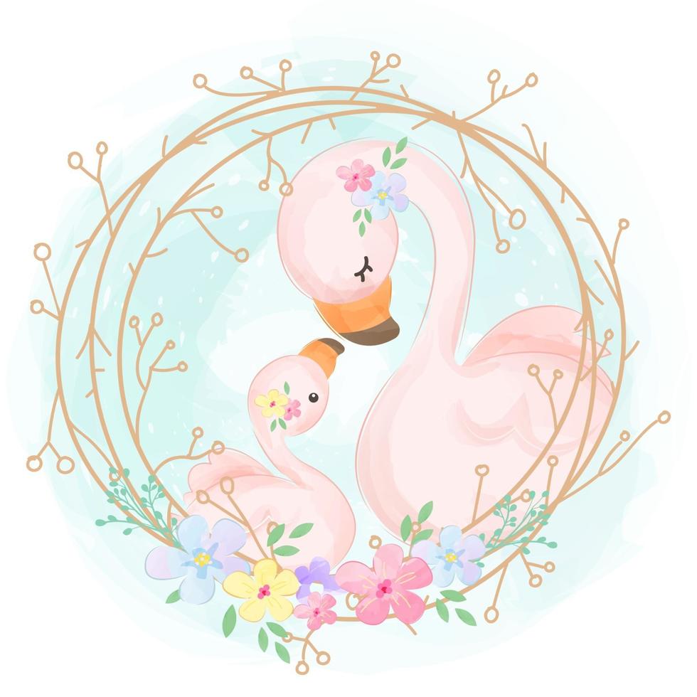 schattige moeder en baby flamingo in aquarel illustratie vector