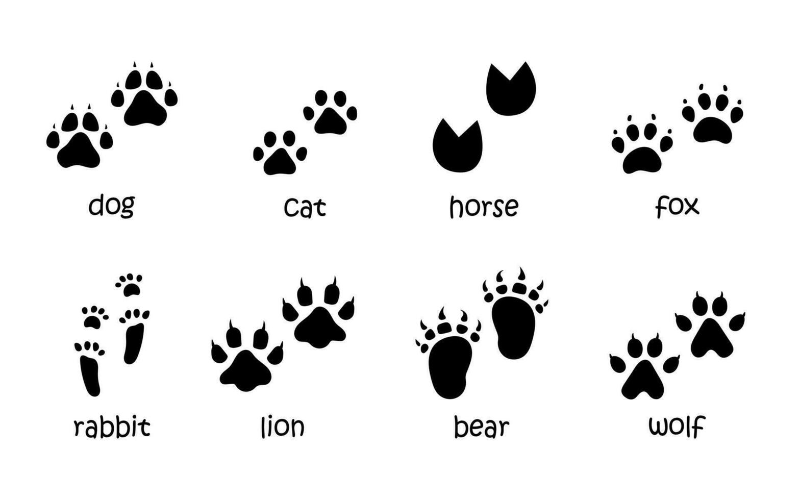 vector reeks van dier voetafdrukken. poot sporen in zwart kleur. dier voeten silhouet verzameling van kat, hond, vos, paard, konijn, leeuw, beer en wolf afdrukken.