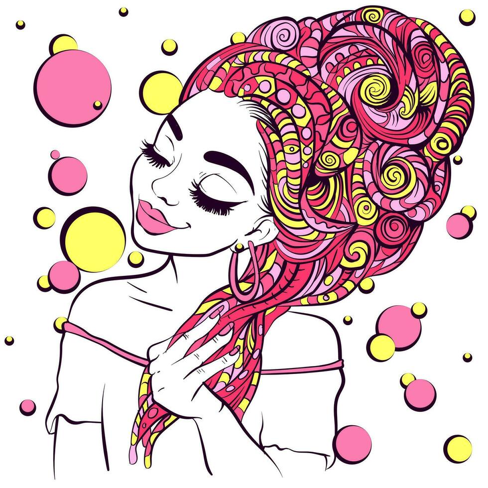 kleuren boek illustratie voor kinderen van een zwart vrouw met dreadlocks. vector van een Afrikaanse meisje met roze en geel mandala borduurwerk haar.