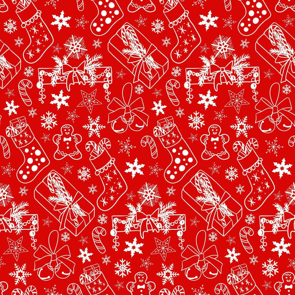 rood en wit Kerstmis patroon met traditioneel decoraties in vlak tekening stijl. schets schetsen wit elementen voor Kerstmis partij decoratie Aan rood achtergrond. winter vakantie ontwerp vector