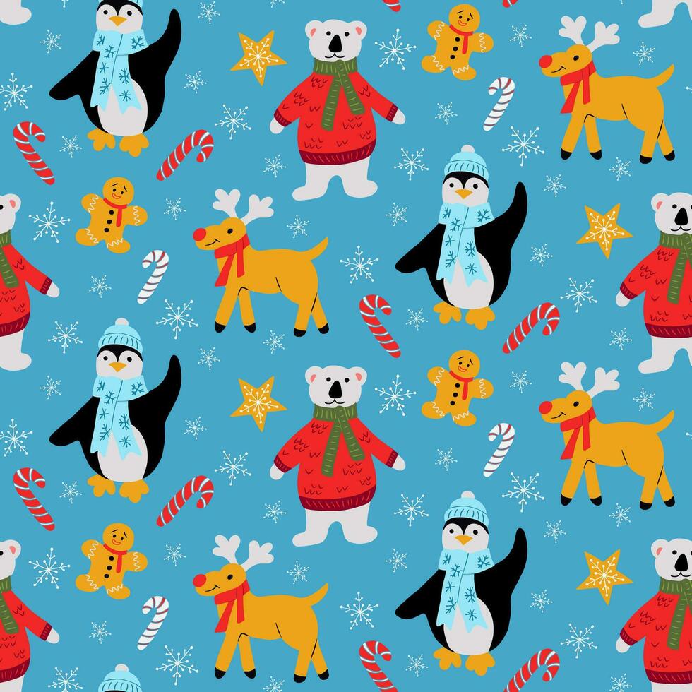 grappig kinderachtig Kerstmis tekens naadloos patroon. grappig gekleurde polair beer, rendier, pinguïn, peperkoek Mens in vlak tekenfilm stijl Aan blauw achtergrond. ideaal ontwerp voor decoratie, omhulsel vector