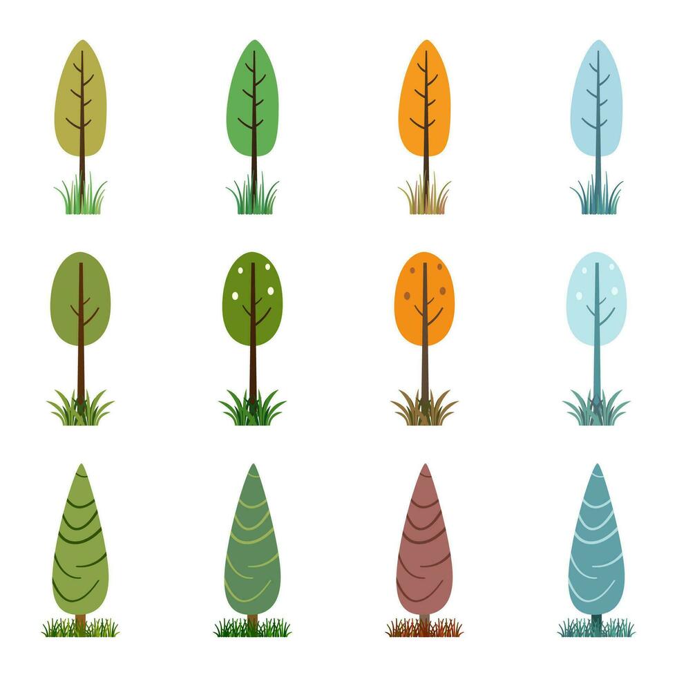 bomen en gras in vier seizoenen verzameling. lente, zomer, herfst, winter eco vector illustratie geïsoleerd icoon reeks