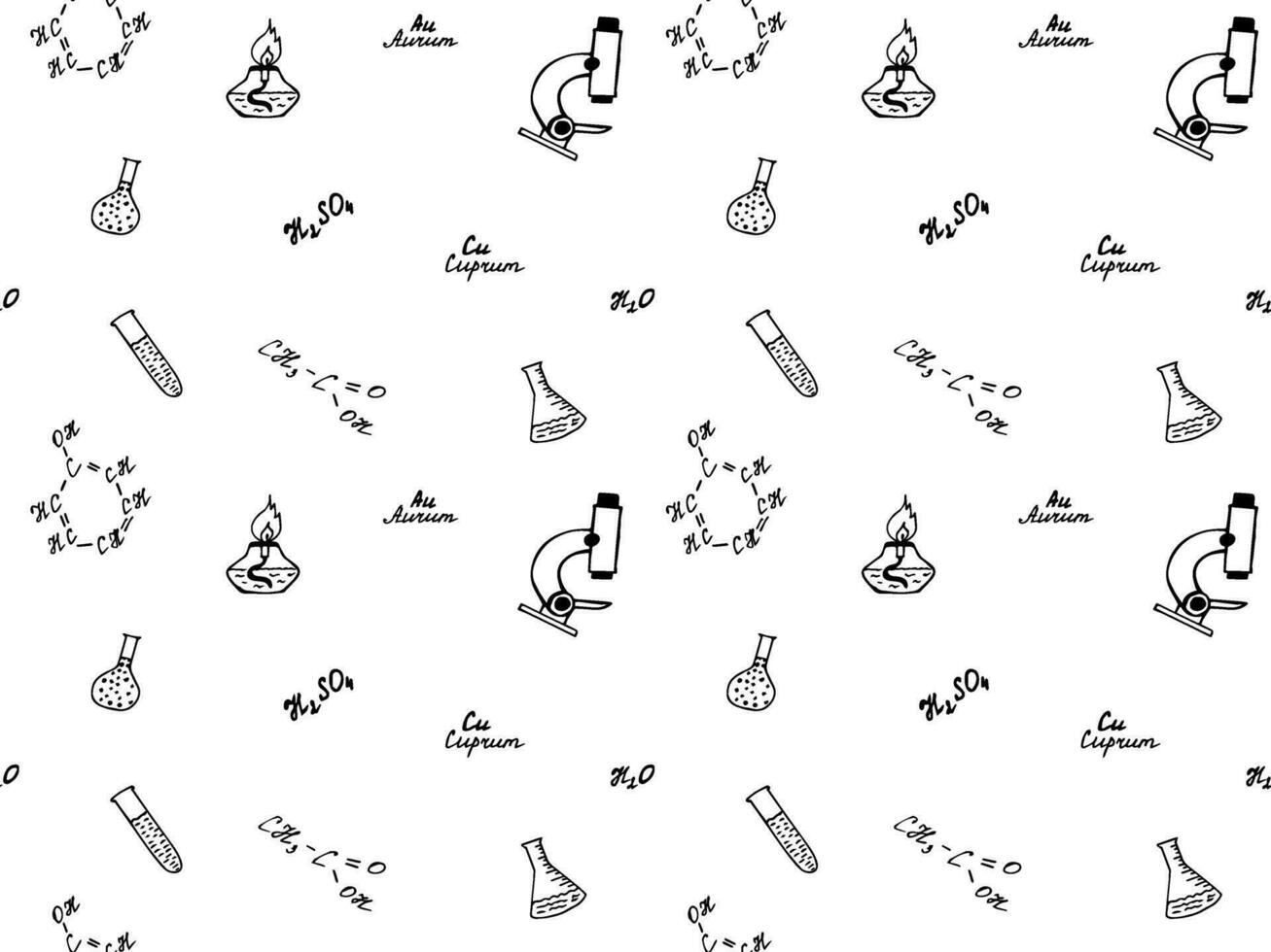 naadloos zwart en wit tekening school- patroon. instituut. chemie, formules, kolven, proef buizen vector