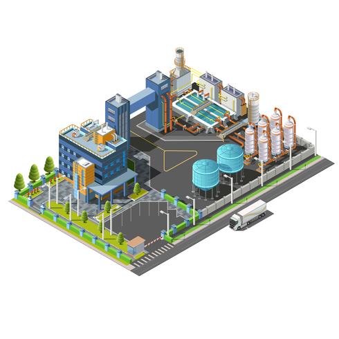 Isometrische industriegebied, plant, hydro-elektrische, waterzuiverende systeemconstructie vector