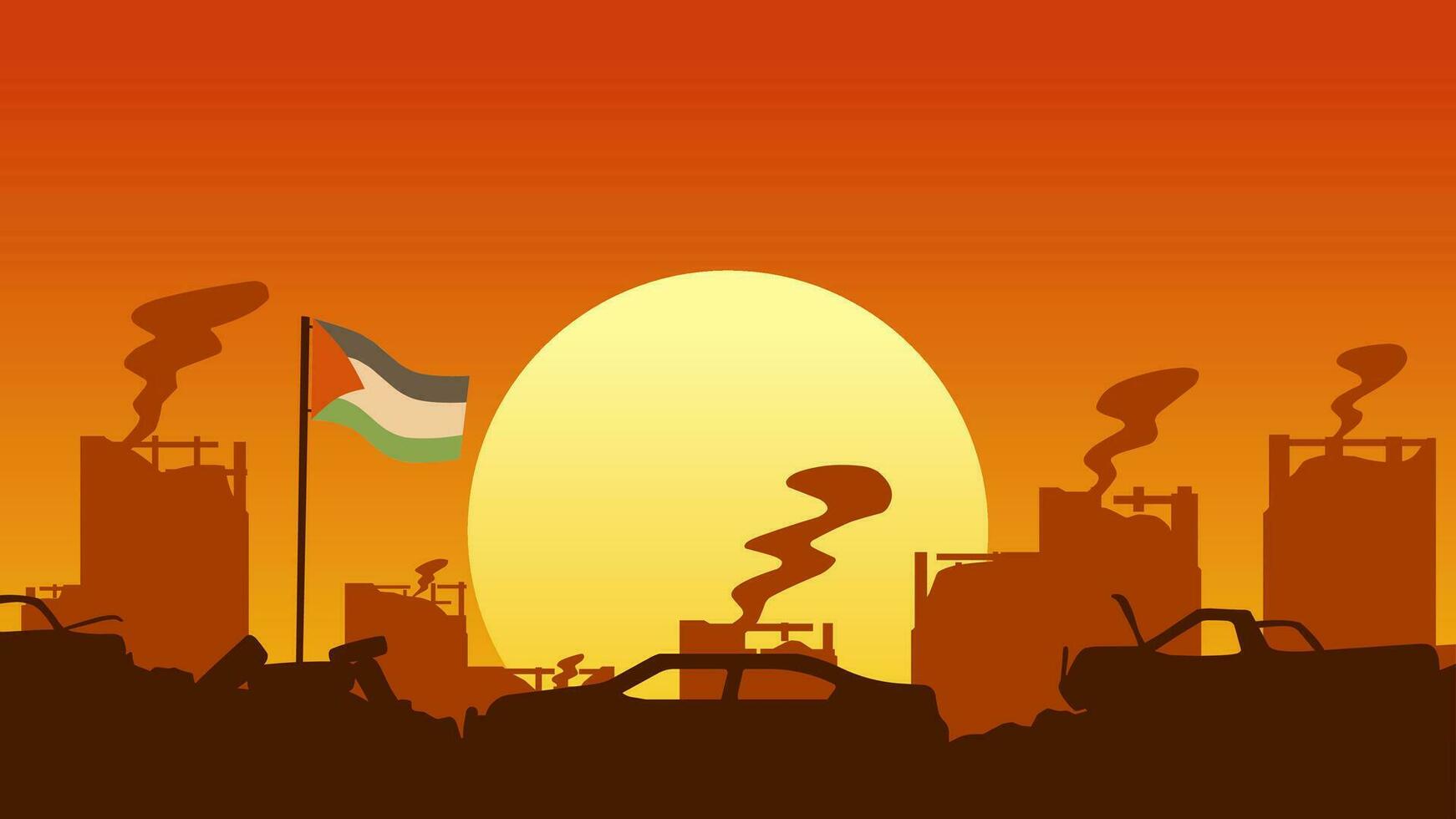 Palestina landschap vector illustratie. silhouet van geruïneerd stad in zonsondergang met Palestina vlag. Palestina illustratie voor achtergrond, behang, kwestie en conflict